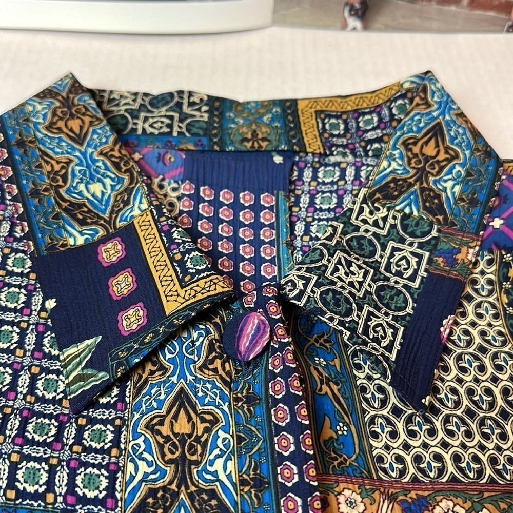 Patchwork Tapestry Boho Blouse | Hidden Button Front · 90s Art-to-Wear - Picture 8 of 11